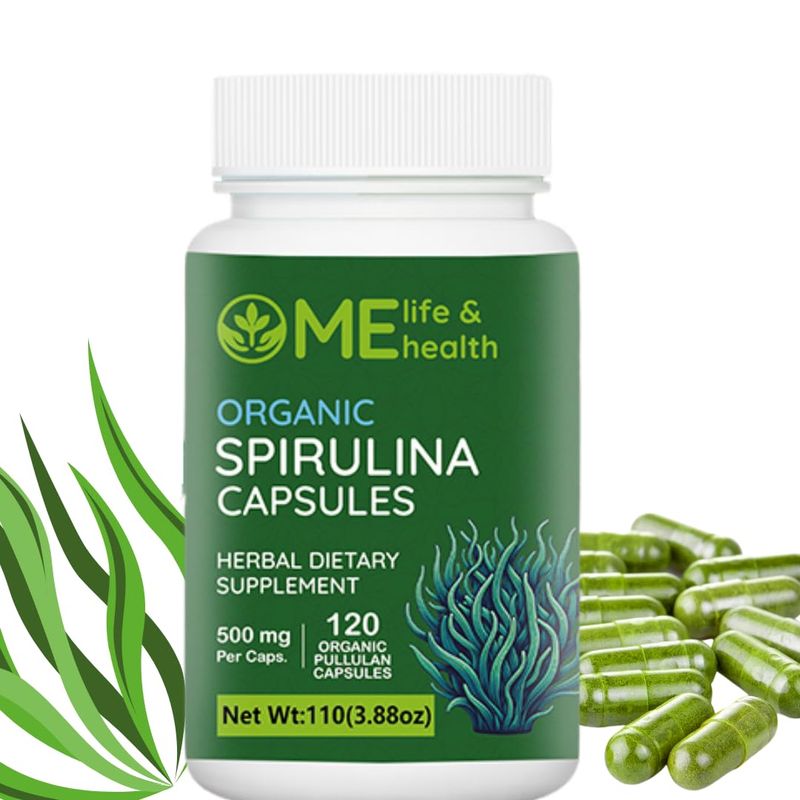 ME LIFE &amp; HEALTH Spirulina Capsules, 100% Organic spirulina Powder (120 ct) 500mg Rich in Protein, vitamind A, B12 Antioxidants &amp; Vitamins, Vegan, Natural and Pure spirulina Non-GMO &amp; Gluten Free