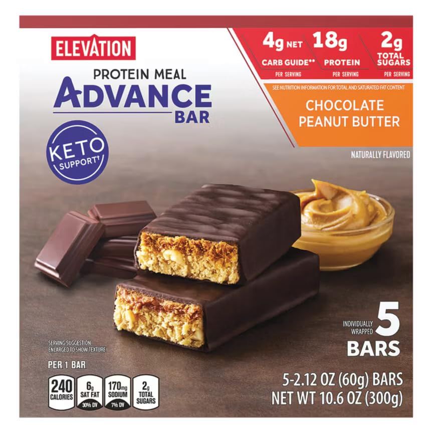Generic Elevation Chocolate Peanut Butter Advance Meal Bars, Snack Keto Friendly (Simplycomplete 5 Pack Per Box) Real Cocoa - Chocolatey &amp; Soft Chewy PB - 4 Net Carbs - 17 Grams Protein, Full Size