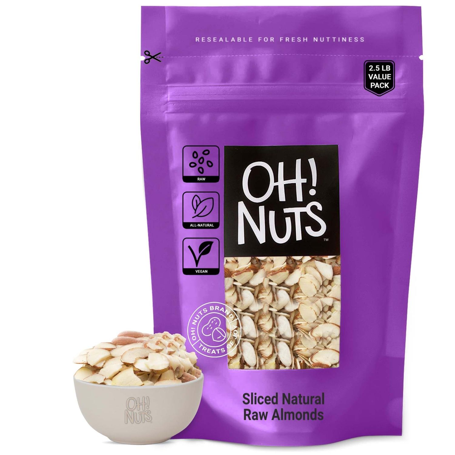 Oh! Nuts Almonds Natural Sliced - Raw - 100% Natural - 2.5 lb - High-Protein Almond - Packed in New York Zip-Seal Bag for Exceptional Freshness
