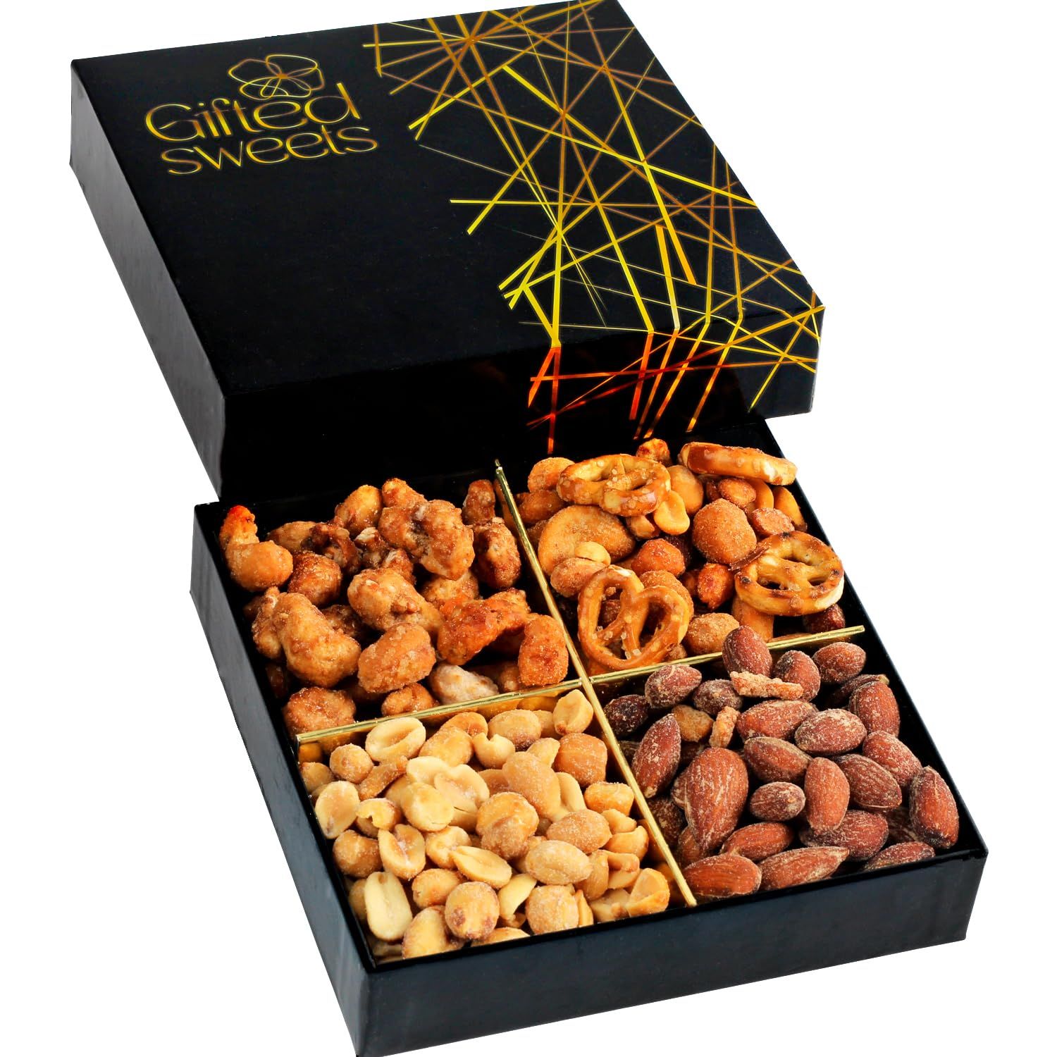 Nuts Gift Box - 4 Variety Sampler - Gourmet Nut &amp; Pretzel Basket - Gift Tray for Birthday, Holiday, Get Well, Sympathy, Anniversary, Care Package