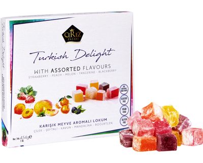 Cerez Pazari Turkish Delight Candy With Assorted Flavors, Gourmet Medium Size Snacks Gift Box, Sweet Luxury Traditional Confectionery Loukoumi, Vegan Lokum, Approx. No Nuts, 42 Pcs, 16 oz.