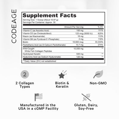 Codeage Marine Collagen Protein Powder Supplement Platinum - Biotin 10,000 mcg, Vitamin C, D3 &amp; B6, Keratin, Hyaluronic Acid, Niacin, Wild Caught Hydrolyzed Fish Collagen Peptides - Non-GMO - 11.50 oz
