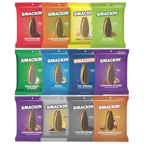 SMACKIN&#39; - Jumbo Roasted Sunflower Seeds, No Salty Burn, American Made, Easy Pour &amp; Seal - Variety Pack, 4oz bag (12 Bags)