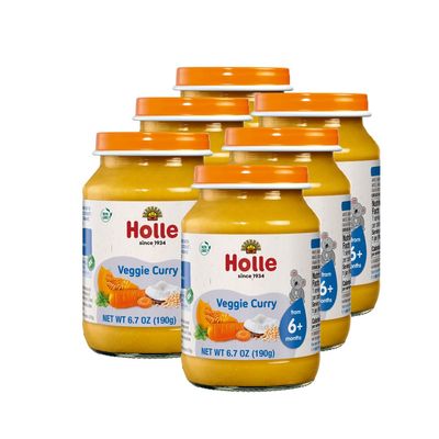 Holle Baby Food Jars - Veggie Curry Baby Puree with Grains &amp; Organic Pumpkin, Carrot, Coconut Milk - (6 Jars) Stage 2 Baby Food for 6 months and Older - Baby Snack or Balanced Meal