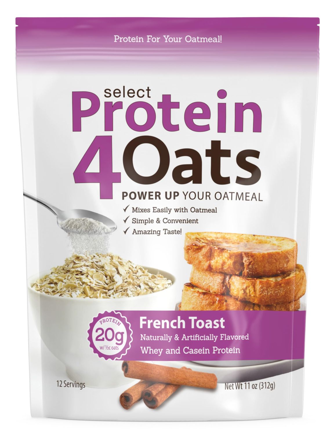 PEScience Protein4Oats, French Toast, Protein Powder for Oats, Whey &amp; Casein Blend, High Protein Snacks for Instant Oatmeal, 12 Servings