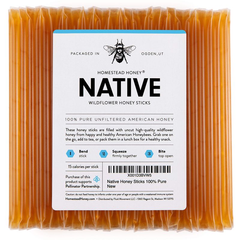 Fluid Movement 100-Count Native Honey Sticks - Individually Wrapped for Tea, Snacks, Stirring Bliss, Featuring Pure Clover Raw Honey - Ideal for Candy Lovers, Bee Enthusiasts, and Thoughtful Gifting
