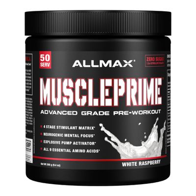 ALLMAX MUSCLEPRIME, White Raspberry - 266 g - Advanced Grade Pre-Workout - Boosts Energy &amp; Focus with 9 Essential Amino Acids - Zero Sugar - 50 Servings