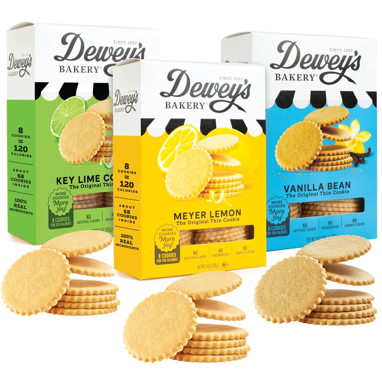Dewey&#39;s Bakery Meyer Lemon, Key Lime and Vanilla Moravian Cookie Thin Variety Pack, Bakery Fresh with Real Simple Ingredients, Low Calorie Snack, No Artificial Flavors, 9 oz (Pack of 3)