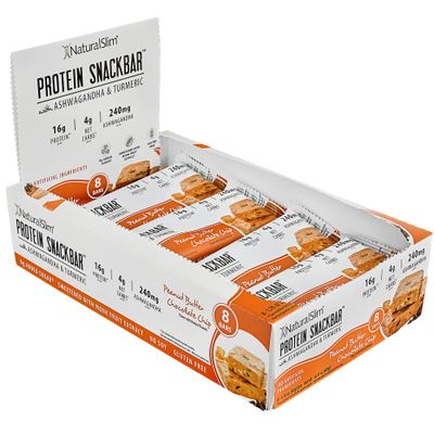 NaturalSlim Protein bars with Ashwagandha &amp; Turmeric - High Protein Snacks Sweetened with Monkfruit &amp; Stevia - Low in Carbohydrates &amp; Low Calorie Snacks - Peanut Butter Chocolate Chip 8 bars/Box