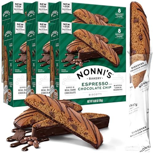 Nonni&#39;s Espresso Chocolate Chip Biscotti Cookies - 6 Boxes Espresso Coffee Cookies - Espresso Chocolate Chip Cookies w/Dark Chocolate - Italian Biscotti Individually Wrapped Cookies Kosher - 6.88 oz