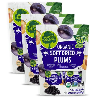 Happy Village Organic Soft Dried Plums On the Go - 3 Bags (15 Individual Portion Packs) Healthy, Dried Fruit Snack Packs, ORGANIC, NON-GMO, GLUTEN FREE