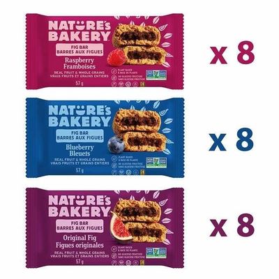Nature's Bakery Whole Wheat Fig Bars, Variety Pack (8- Blueberry, 8- Original Fig, 8-Raspberry), 1- 24 Count Box of 2 oz Twin Packs (24 Packs), Vegan Snacks, Non-GMO