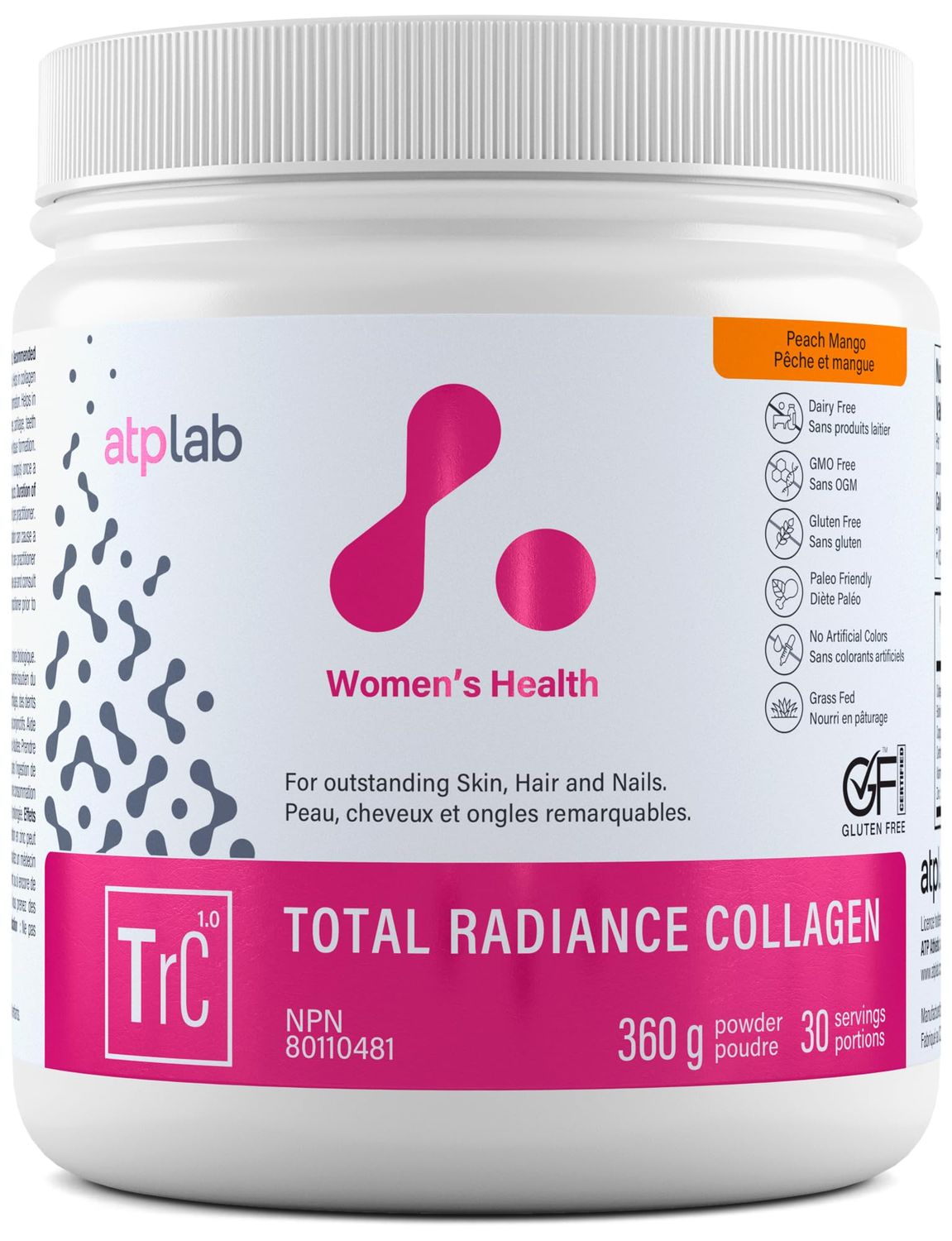 ATP LAB Total Radiance Collagen - Peach Mango Flavor, 360g - Collagen Peptides Powder for Women - Hydrolyzed Collagen Protein Supplement with Biotin