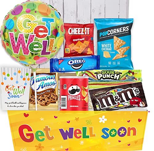 GET WELL GIFT basket, package for kids Unisex, child boy or girl Care package, Feel better soon for home or hospital after surgery w/Balloon, candy &amp; snacks &amp; greeting card