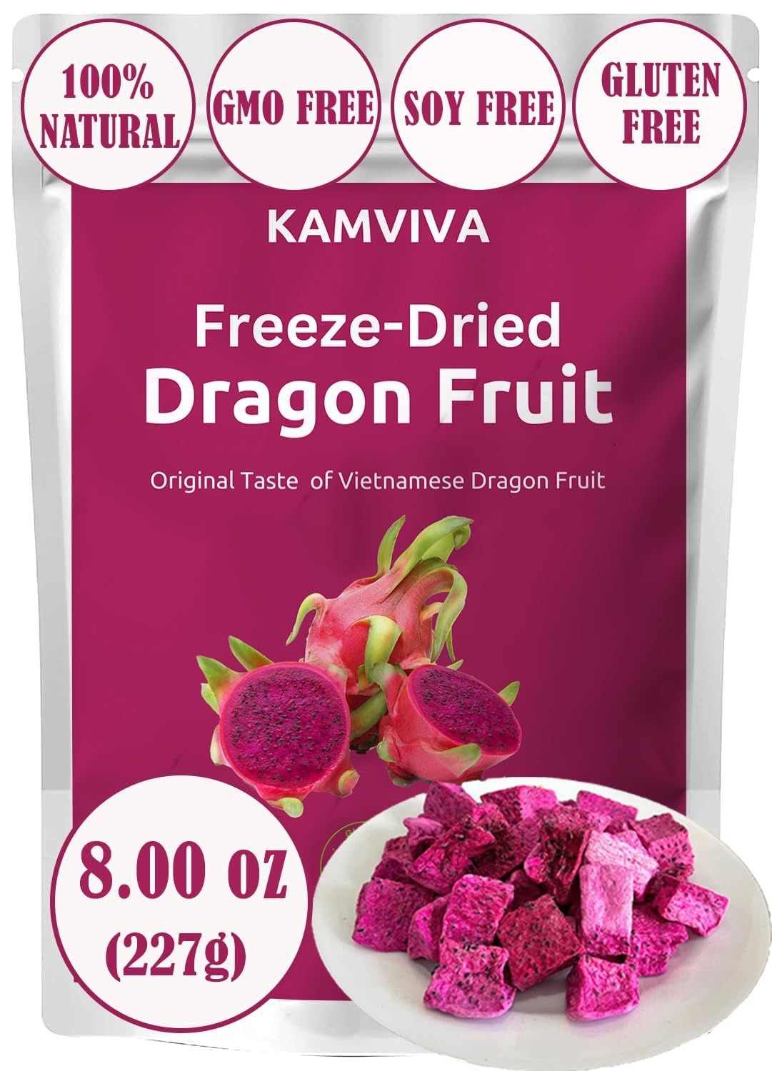 KAMVIVA Vietnam&#39;s Freeze Dried Dragon Fruit, 227g/8.0 Oz, 100% Natural, Red Pitaya Dry Pieces, Dragonfruit Cubes, No Sugar Added, Non GMO, Gluten Free, Great for Snack, Drinks, Cereal, Yogurts, Chips