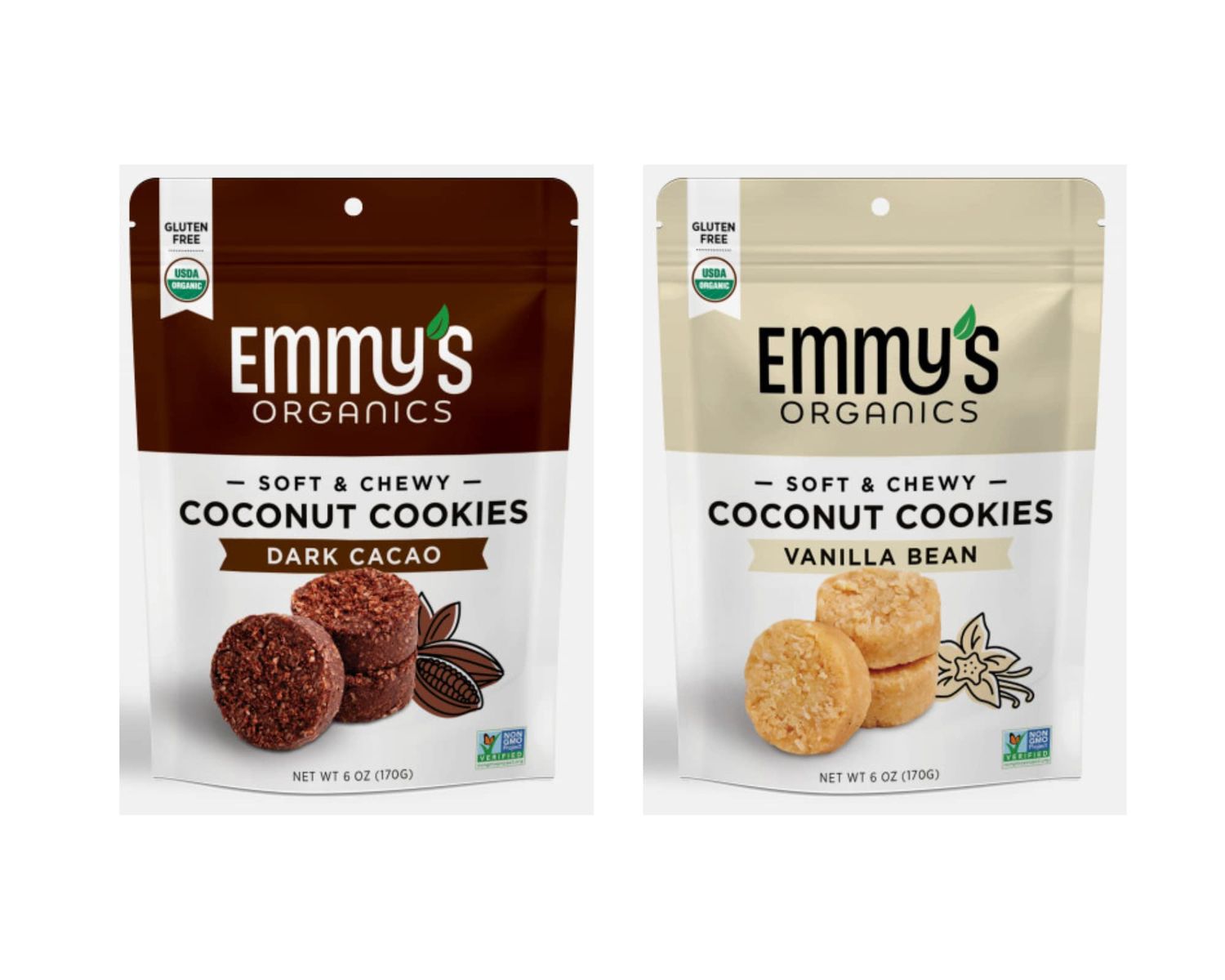 Emmy&#39;s Organics Coconut Cookies - Pack of 2 (Dark Cacao &amp; Vanilla Bean)  Gluten-Free, Organic, Vegan, Paleo-Friendly