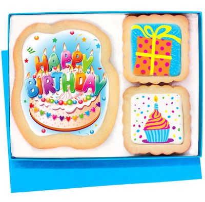 Happy Birthday Cookies Gift Basket For Men, Women, Kids, Boys, Him Decorated Sugar Cookie Gift Box  Nut Free  3 Pack  Kosher