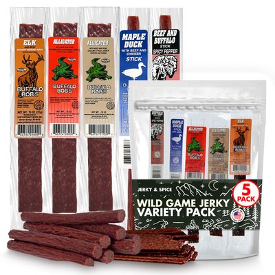 Jerky-N-Spice Wild Game Meat Snacks (5 Pack) Exotic Variety Assortment Sampler, HIgh Protein, Gift for Men/Dad, Stocking Stuffer, Adventure Enthusiast, Unique Snacks