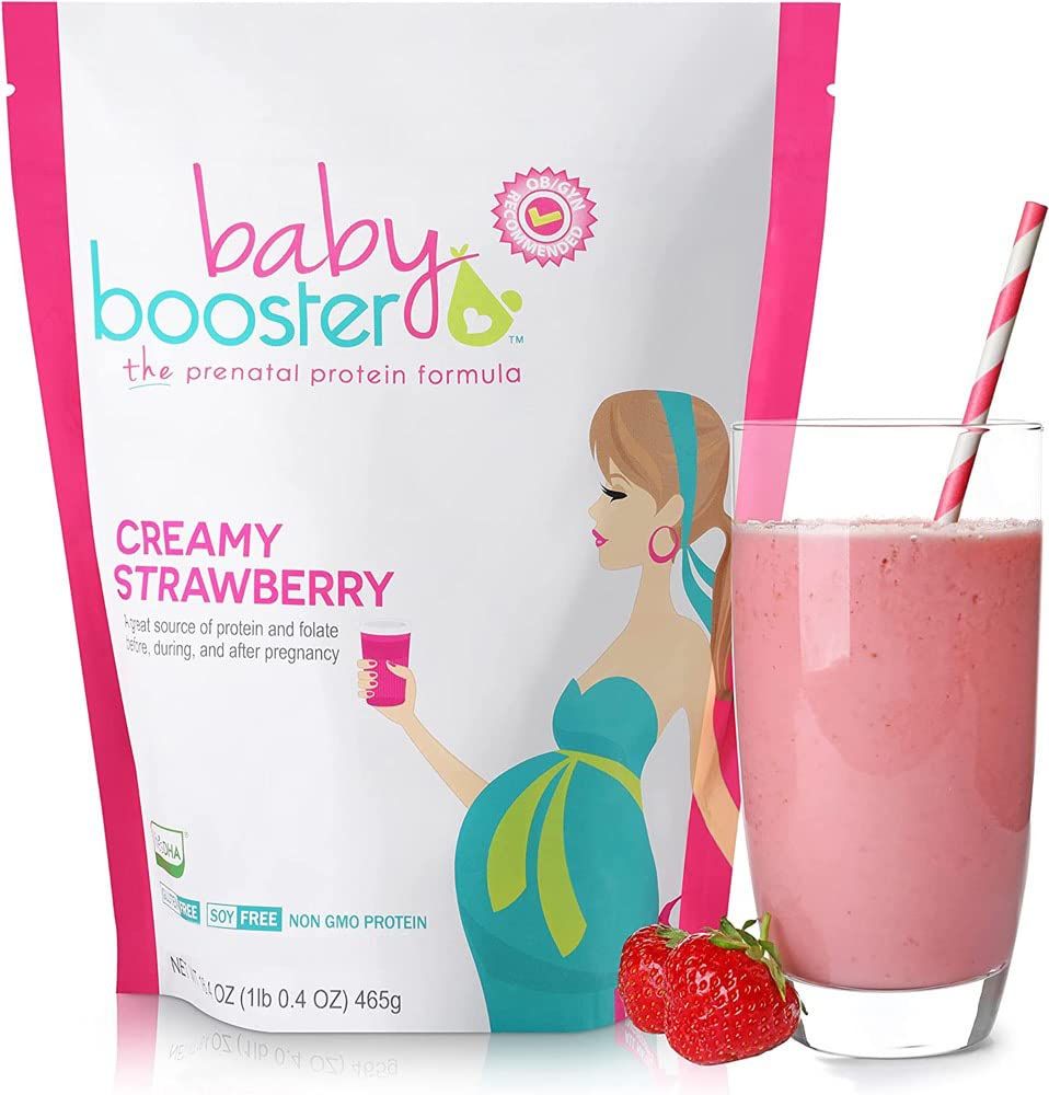 Baby Booster Pregnancy Protein Powder Vitamin Supplement Shake - OB/GYN Approved Prenatal &amp; Postnatal Lactation Use - Morning Sickness Relief with Vegan DHA and Methyl Folate - Creamy Strawberry, 1 lb