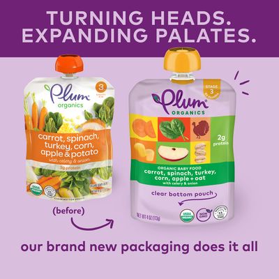 Plum Organics Stage 3 Organic Baby Food - Carrot, Spinach, Turkey, Corn, Apple, and Potato - 4 oz Pouch - Organic Baby Food Pouch
