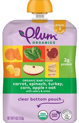 Plum Organics Stage 3 Organic Baby Food - Carrot, Spinach, Turkey, Corn, Apple, and Potato - 4 oz Pouch - Organic Baby Food Pouch
