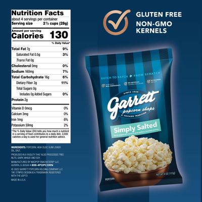 Garrett Popcorn Simply Salted, 4.0oz, 4 Bags, Light Salty Snack, Vegan, Gluten Free, Only 3 Ingredients, Popped Popcorn Bags