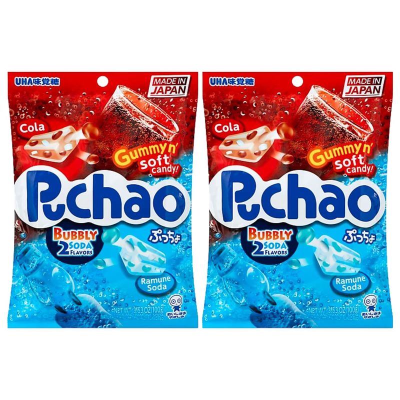 Puchao Japanese Gumming Soft Candy Variety Pack, Soda and Ramune Flavors, Unique Chewy candy with Juicy Gummy Bits Pack of 2, Product of Japan (Cola and Ramune)