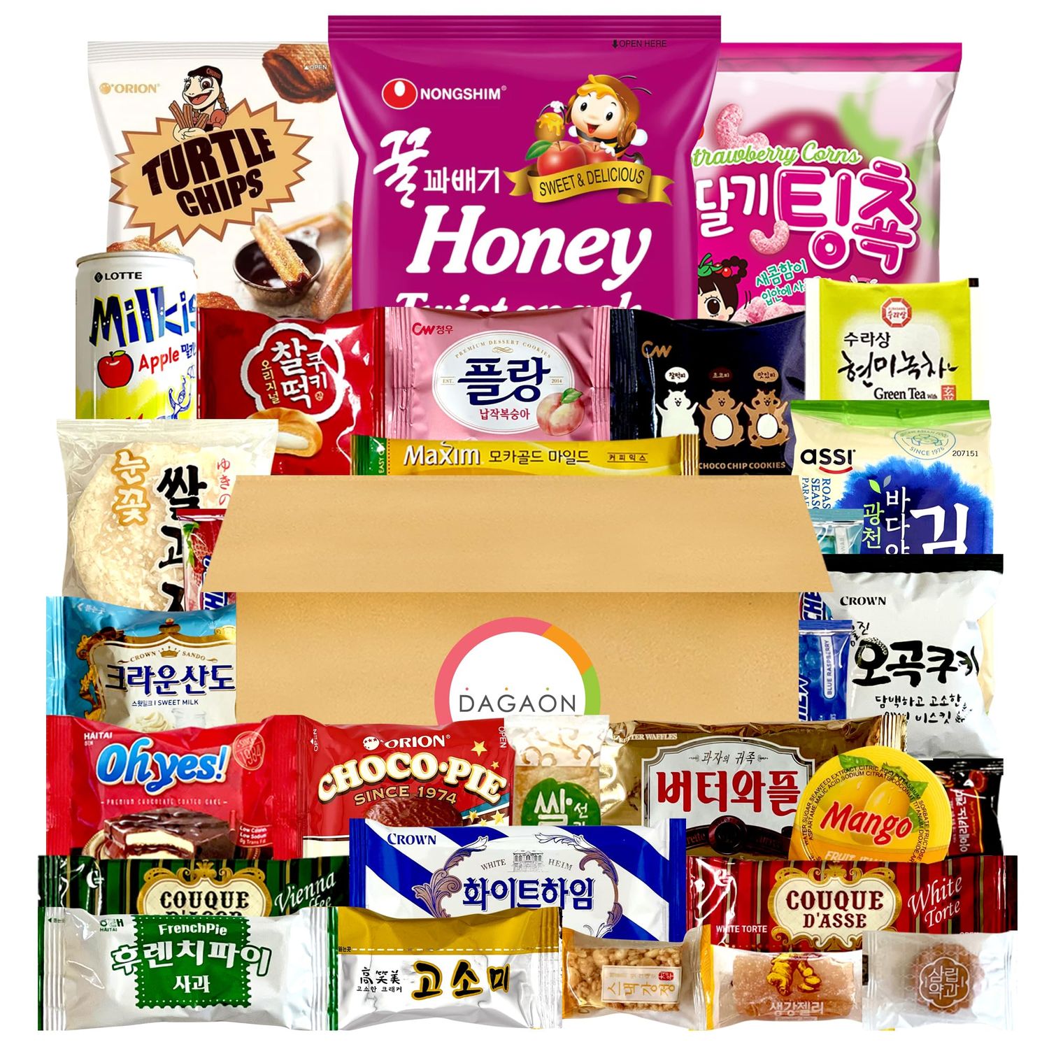 Dagaon Favorite Korean Snack Box 30 Count - Appetizing Gift and Care Package for any occasions and everyone. Variety of Korean Treats Including Top Picked Chips, Biscuits, Cookies, Pies, Candies.