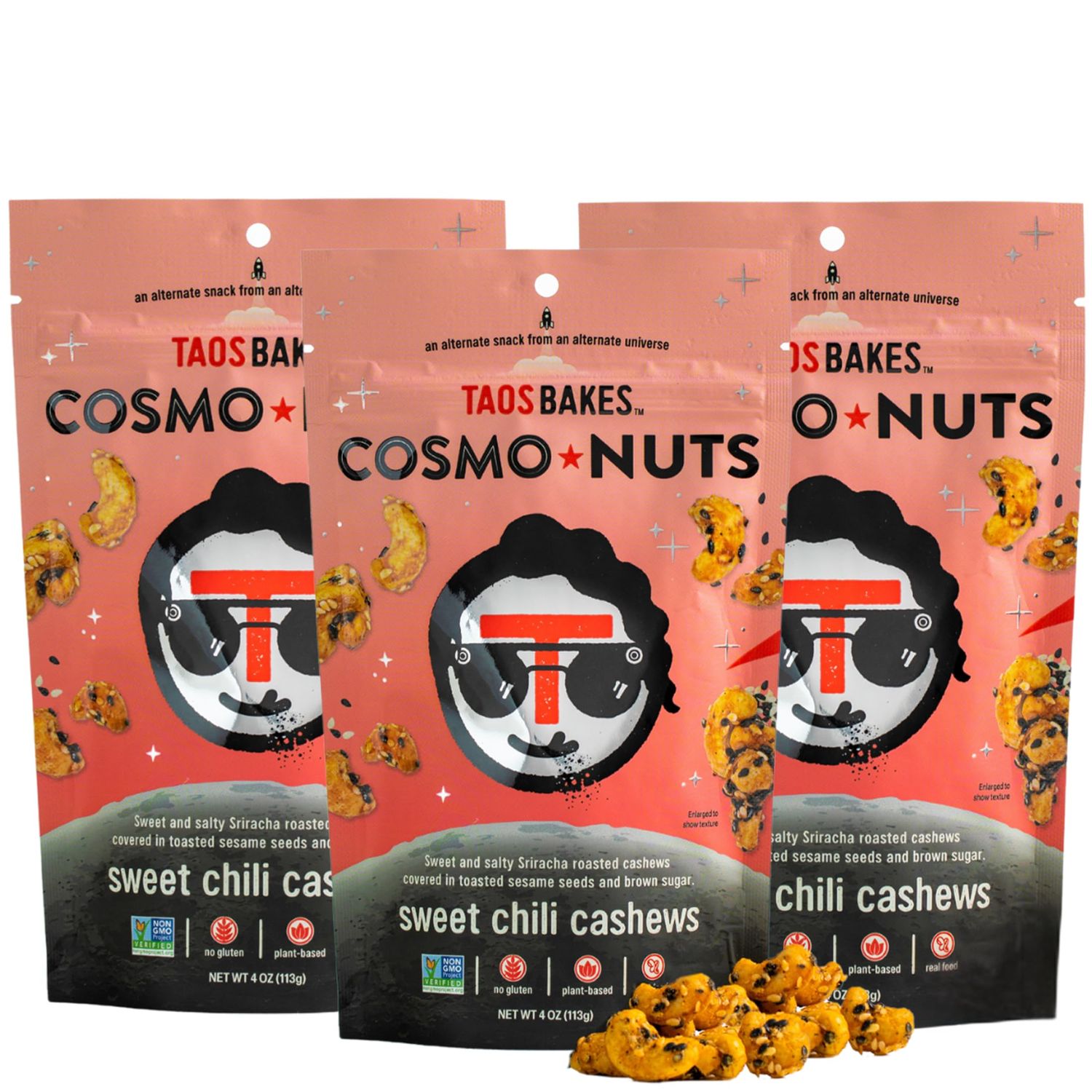 Taos Bakes - Flavored Nuts - Sweet Chili Cashews - Sweet, Spicy, Tangy, &amp; Delicious - w/Sriracha &amp; Sesame Seeds - Healthy Snacks for Adults - Great Trail Mix - Gluten Free &amp; Non-GMO - 4oz (Pack of 3)