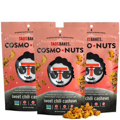 Taos Bakes - Flavored Nuts - Sweet Chili Cashews - Sweet, Spicy, Tangy, &amp; Delicious - w/Sriracha &amp; Sesame Seeds - Healthy Snacks for Adults - Great Trail Mix - Gluten Free &amp; Non-GMO - 4oz (Pack of 3)