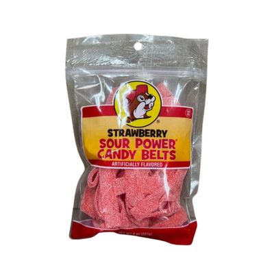 Buc-ees Sour Power Candy Belts - Deliciously Sweet & Tangy, Chewy Gummy Candy & Sour Candy Non-Melting, Fruity & Extra Sour Strips Kids Snacks for School 8 Ounce Resealable Bag (Strawberry)