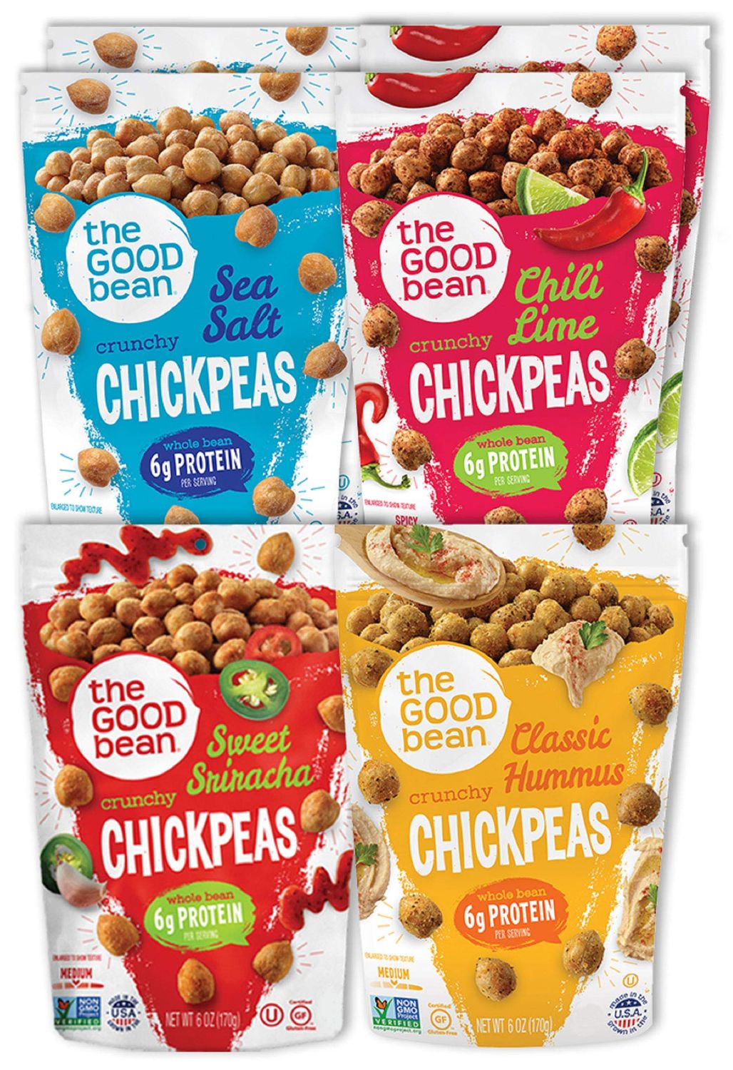 The Good Bean Crunchy Chickpeas - Variety Pack - (6 Pack) 6 oz - Sea Salt, Chili Lime, Sweet Sriracha, and Classic Hummus Roasted Chickpea Beans - Vegan Snack - Good Source of Plant Protein and Fiber