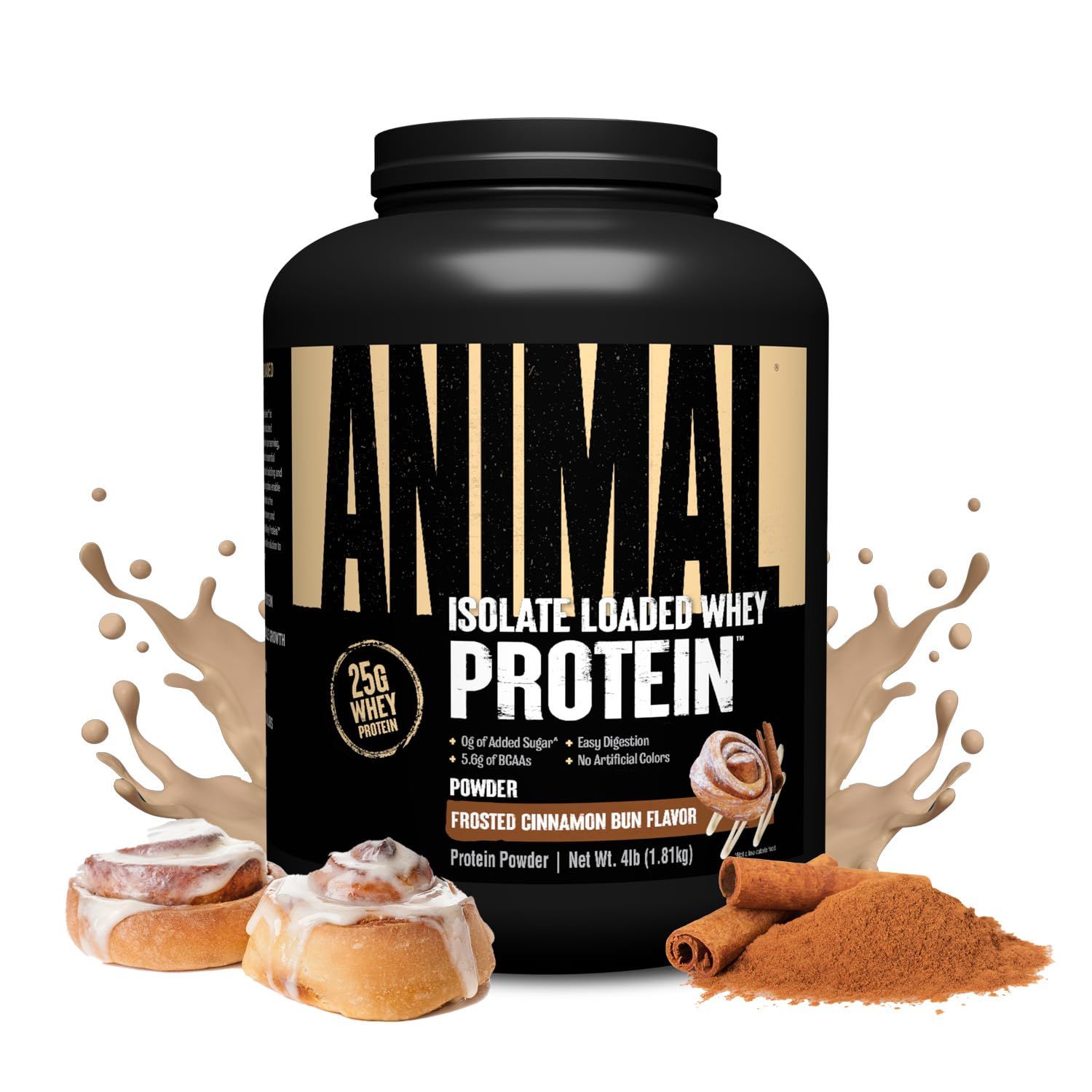 Animal Whey Isolate Protein Powder - Loaded for Pre &amp; Post Workout Muscle Builder and Recovery with Digestive Enzymes for Men &amp; Women - 25g Protein, Great Taste, Low Sugar - Frosted Cinnamon Bun 4 lbs