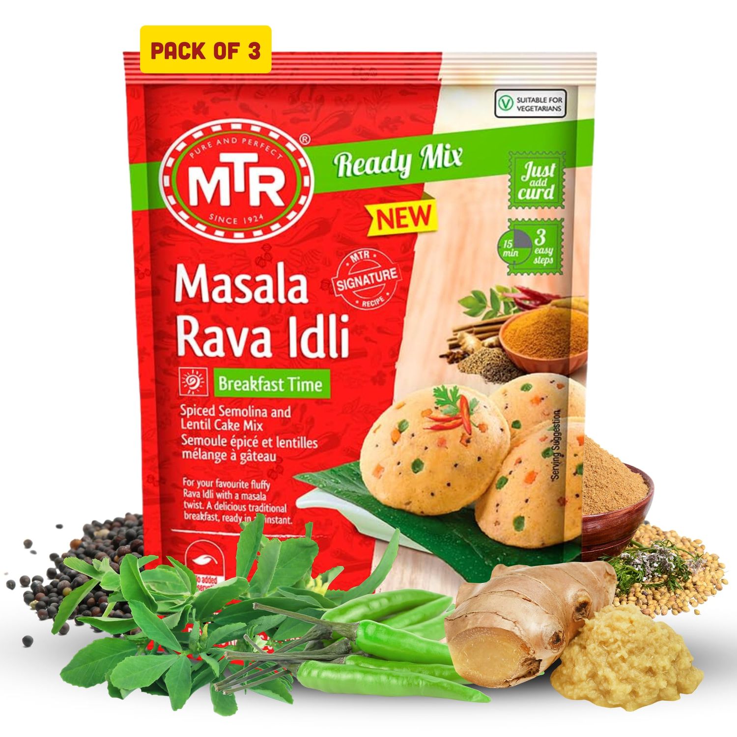 MTR Instant Masala Rava Idli Mix - Ready to Cook Authentic Indian Breakfast, Lunch, Dinner or Snack Meal - No Added Preservatives - A Quick &amp; Easy Recipe Suitable for Vegetarians - (500g, Pack of 3)