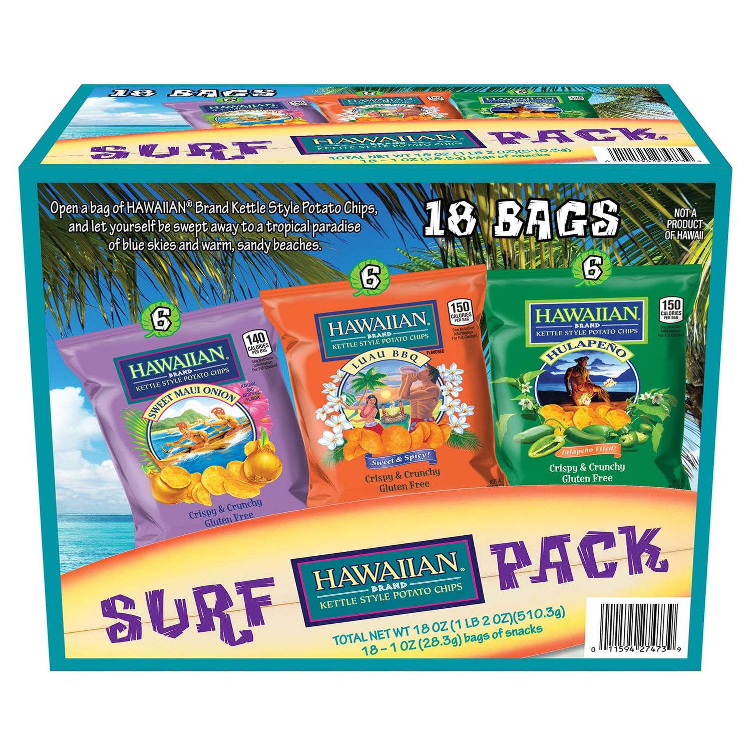 Hawaiian Brand Kettle Style Potato Chips Surf Pack, 18 Single-Serve Bags (1 oz Each) - Includes Sweet Maui Onion, Luau BBQ, and Hulapeo Flavors - Crispy &amp; Crunchy, Gluten-Free Variety Snack Pack