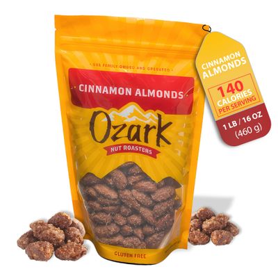 OZARK NUT ROASTERS, Cinnamon Almonds, Cinnamon-Flavored Snacks, Roasted &amp; Coated, World-Class Gourmet Candied Nuts, Resealable Pack (16.0 oz)