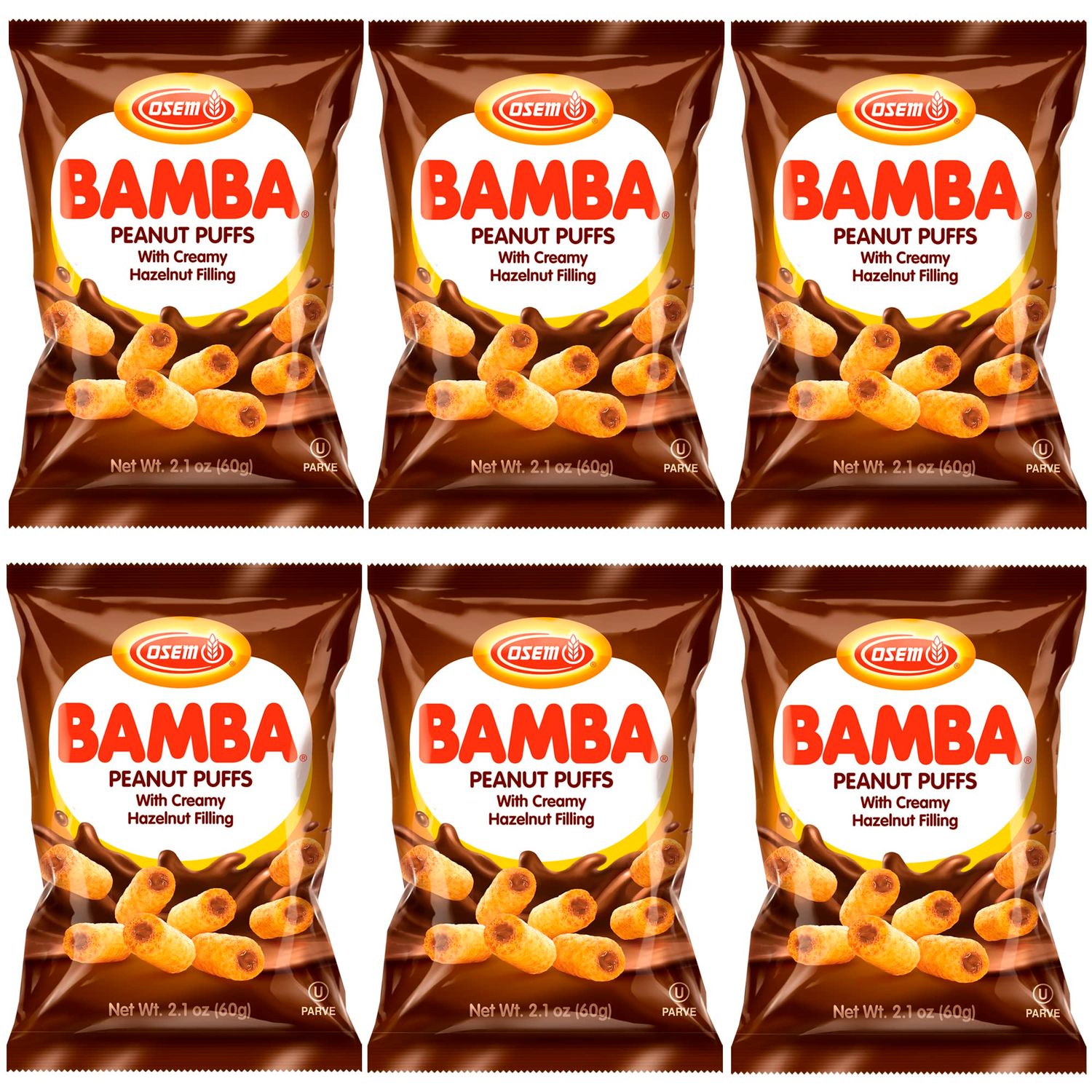 Bamba Hazelnut Cream Peanut Butter Snacks All Natural Peanut Butter PB Corn Puffs, 2.1oz Bag (Pack of 6)