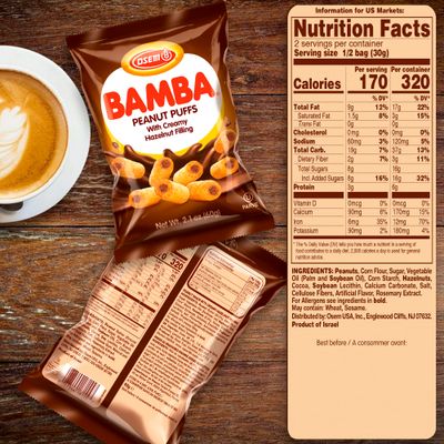 Bamba Hazelnut Cream Peanut Butter Snacks All Natural Peanut Butter PB Corn Puffs, 2.1oz Bag (Pack of 6)