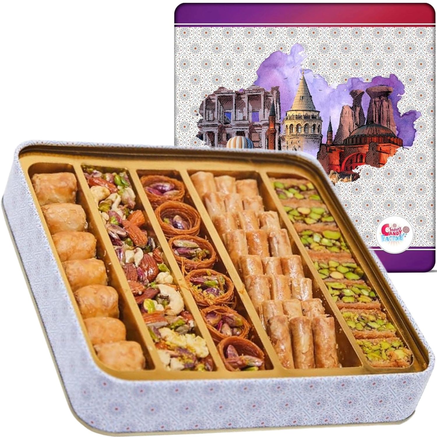 Sarah&#39;s Candy Factory 1.1 Lb Assorted Premium Baklava Pastry Gift Box Halal Snacks, 500 Gr in a Metal Box Turkish Dessert Ideal for Gift