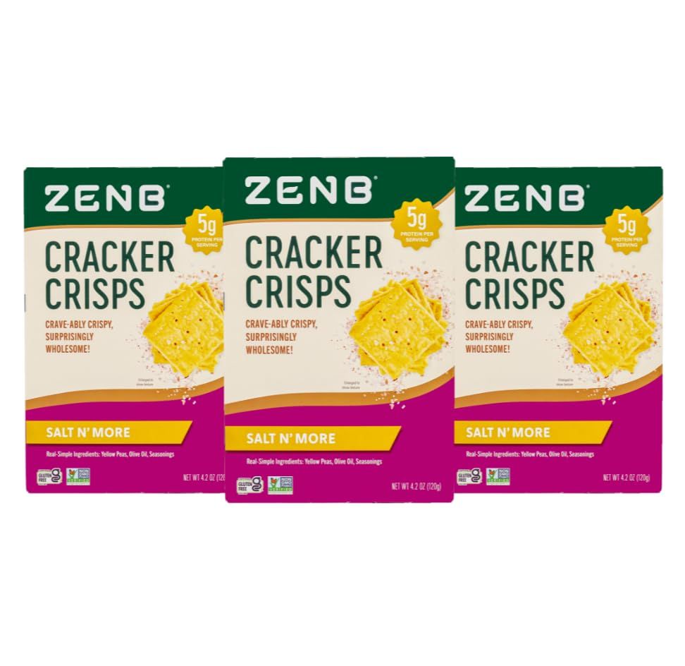 ZENB Cracker Crisps - Gluten Free Crackers Made From 100% Yellow Peas, Non-GMO, 5g of Protein &amp; 3g of Fiber In Every 30g Serving - Salt N More - 4.2 oz Boxes (Pack of 3)