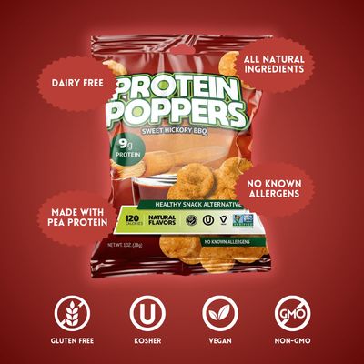Protein Poppers Vegan Protein Chips  High Protein Snacks for Adults  9g of Protein, 120 calories  Low Sugar Healthy Chips  Low Calorie Snacks for Weight Loss  1oz Bag (Sweet Hickory BBQ)