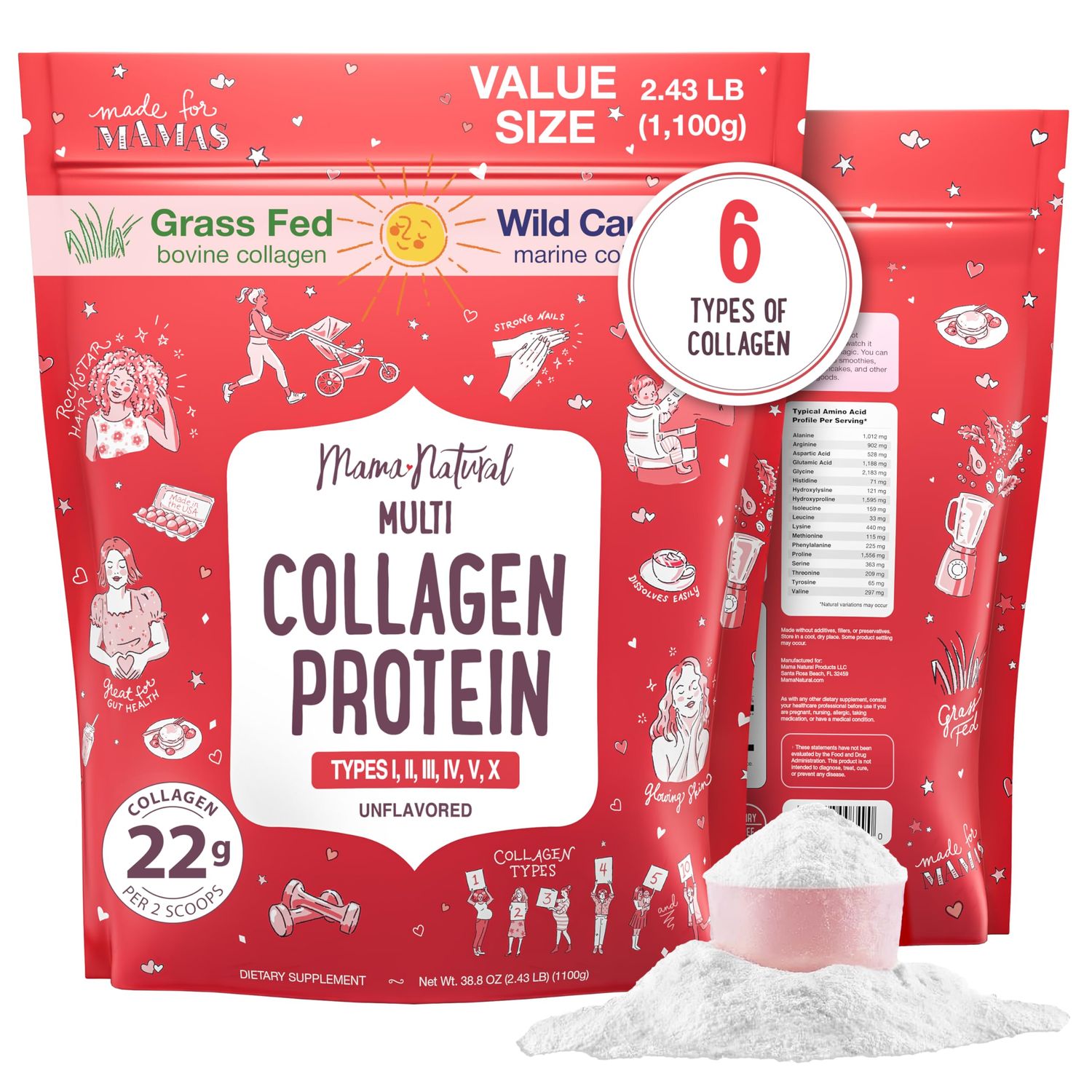 Multi Collagen Protein Powder Value Pack (100 Servings) - Unflavored &amp; Hydrolyzed with 6 Types (1, 2, 3, 4, 5 &amp; 10) - Pure Collagen Peptides for Women - Grass Fed Beef, Wild Fish &amp; USA Eggshell