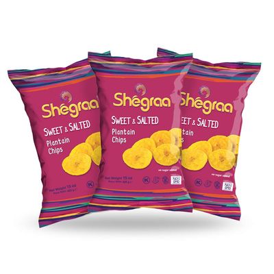 GLUTEN FREE - Roasted Sweet &amp; Salt Plantain Chips - Shegraa Natural Snacks, Non-GMO, Kosher, Vegan - 15oz Pack of 3