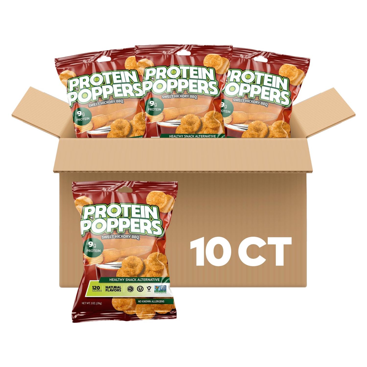 Protein Poppers Vegan Protein Chips  High Protein Snacks for Adults  9g of Protein, 120 calories  Low Sugar Healthy Chips  Low Calorie Snacks for Weight Loss  1oz Bag (Sweet Hickory BBQ)