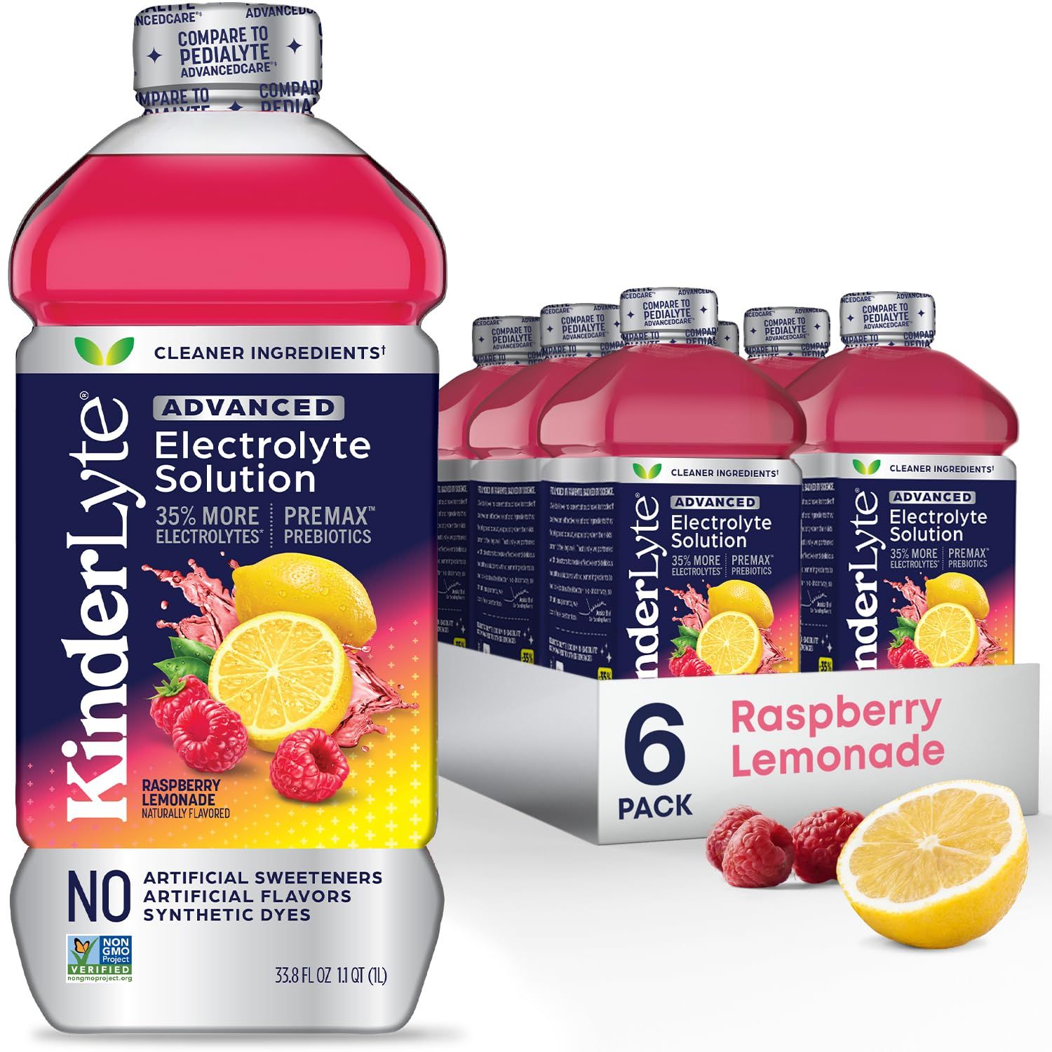 Kinderlyte Advanced Electrolyte Solution, 2X Faster Hydration vs. Water Alone, No Artificial Sweeteners or Flavors, No Synthetic Dyes, Raspberry Lemonade, for Kids and Adults, 33.8 fl oz (Pack of 6)