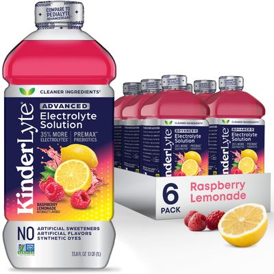 Kinderlyte Advanced Electrolyte Solution, 2X Faster Hydration vs. Water Alone, No Artificial Sweeteners or Flavors, No Synthetic Dyes, Raspberry Lemonade, for Kids and Adults, 33.8 fl oz (Pack of 6)