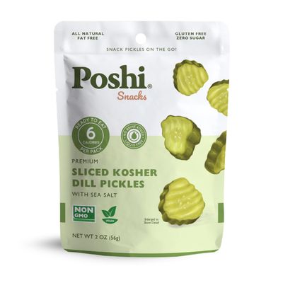 Poshi Sliced Kosher Dill Pickles with Sea Salt - Ready-to-Eat Premium Sliced Pickles, Ideal for Meal Toppers &amp; Snacks, 6 Calories Per Pack, 10 Packs (2 oz Each)