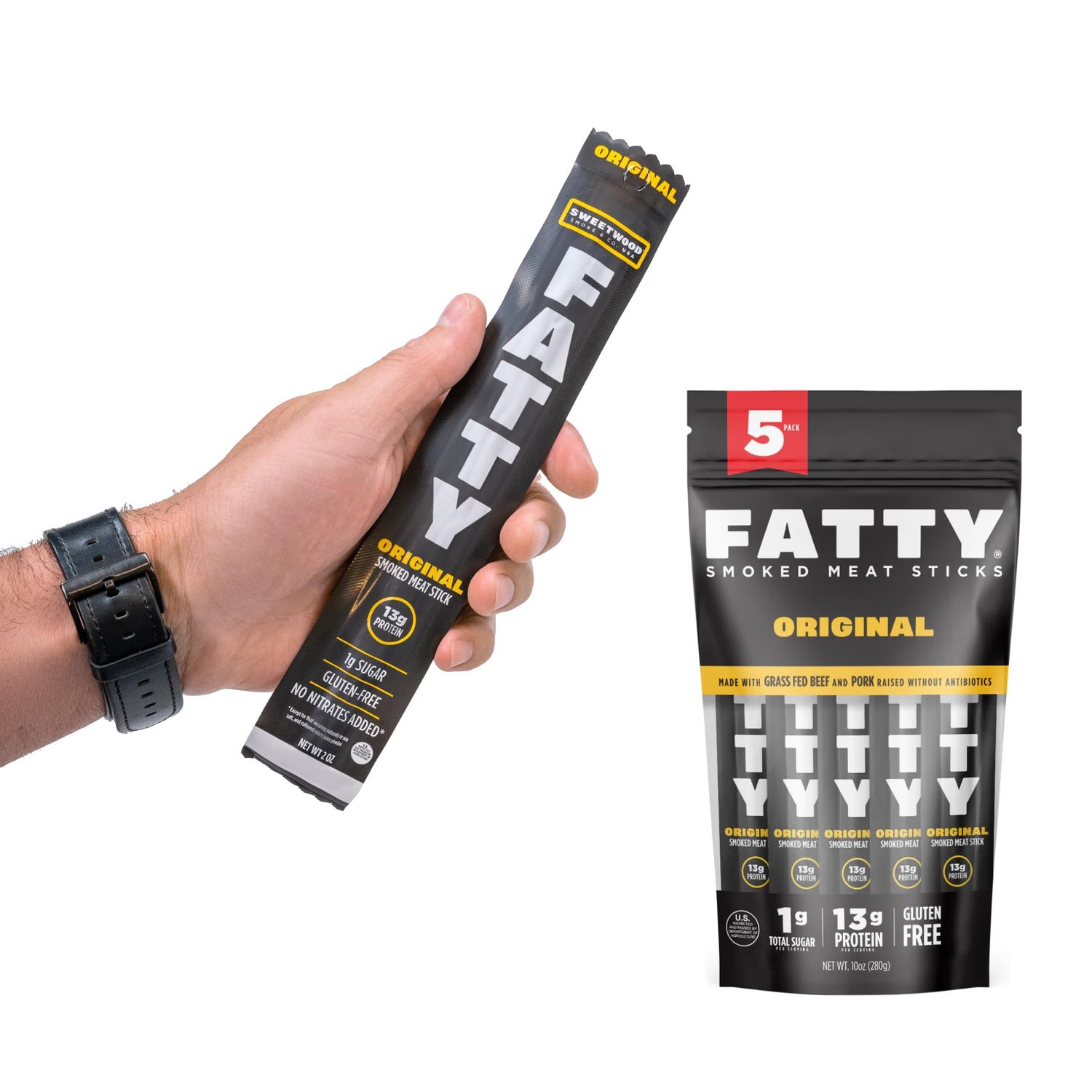 FATTY Grass-Fed Beef Smoked Meat Sticks, Original Flavor, 13g Protein Per Stick, 2 oz. (Pack of 5)