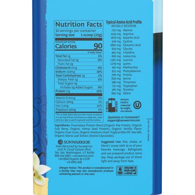Sunwarrior Vegan Protein Powder Organic Plant-Based Protein  BCAA Amino Acids Hemp Seed Plant Protein  Soy Free Dairy Free Gluten Free Synthetic Free Non-GMO  Vanilla 30 Servings  Warrior Blend