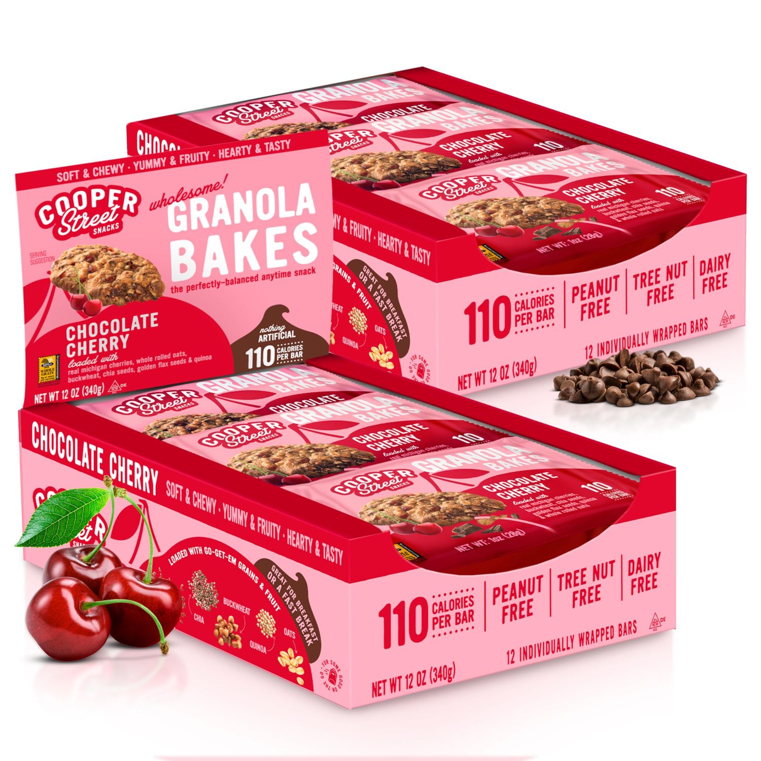 Cooper Street - Chewy Granola Bakes, Chocolate Cherry Oatmeal Cookies, Granola Bars Alternative, Guilt-Free Snack/Breakfast Cookies, No Nuts, Dairy, Soy &amp; Artificial Ingredients, 12ct Economy 2 Packs